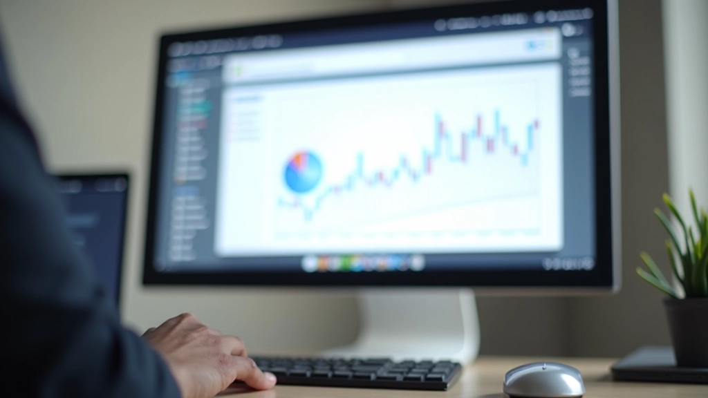 Graphiques d'analyse et données financières sur un écran d'ordinateur, tableau de bord professionnel, lumière douce d'un bureau moderne