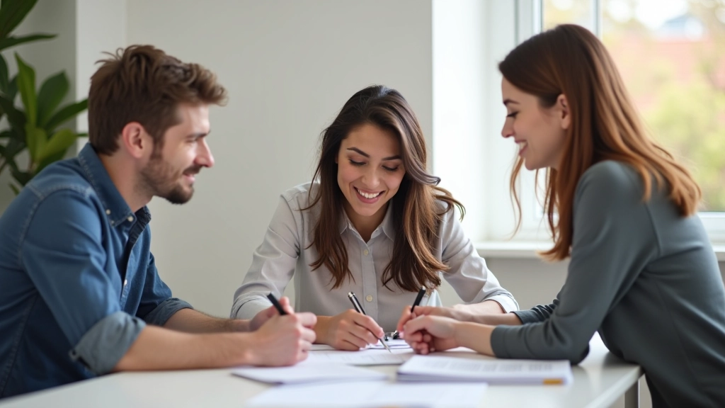Trois personnes travaillant ensemble à une table, discutant stratégie, notes et documents, collaboration en équipe