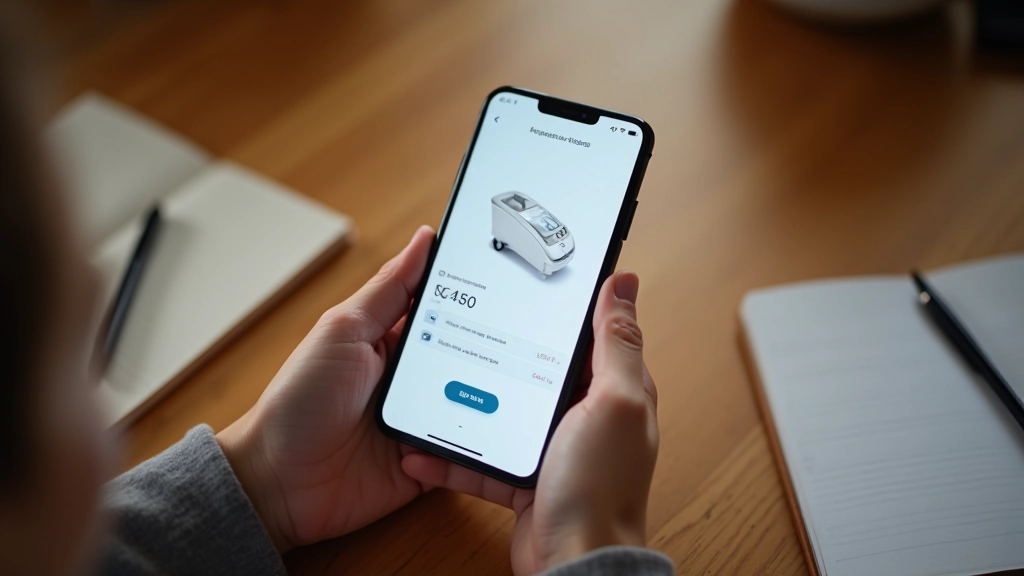 Mains tenant un téléphone avec une application de vente en ligne, ambiance intérieure chaleureuse, vue de dessus