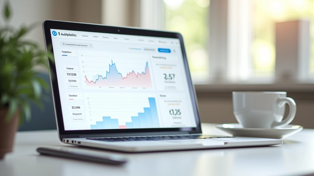 Ordinateur portable affichant un tableau de bord d'analyse de ventes, graphiques de croissance, ambiance bureau moderne avec café à proximité