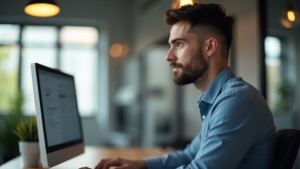 Homme regardant un tableau de bord d'analyse sur un écran, environnement de bureau moderne, lumière douce