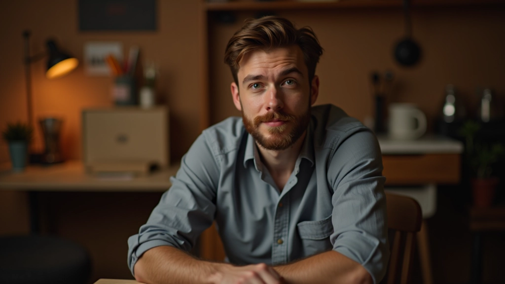 Homme souriant devant un ordinateur, atelier créatif avec outils et matériaux, environnement de travail chaleureux