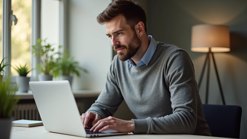 Homme travaillant sur un ordinateur portable dans un environnement de bureau à domicile moderne, lumière naturelle