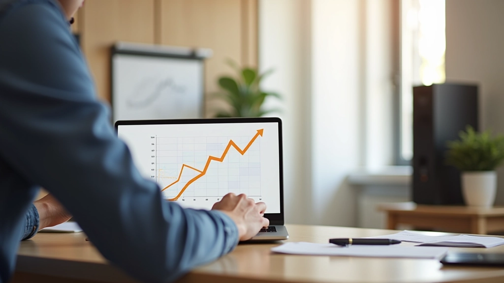 Graphique progressif montrant la croissance des revenus, ordinateur portable affichant des statistiques, tableau blanc avec notes de stratégie, stylo et cahier à côté