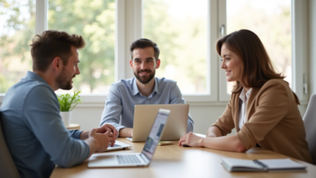Trois personnes âgées de 25 à 35 ans, entièrement vêtues, assises autour d'une table de réunion avec ordinateurs portables et carnets, en train de discuter de stratégie, espace lumineux avec fenêtres naturelles