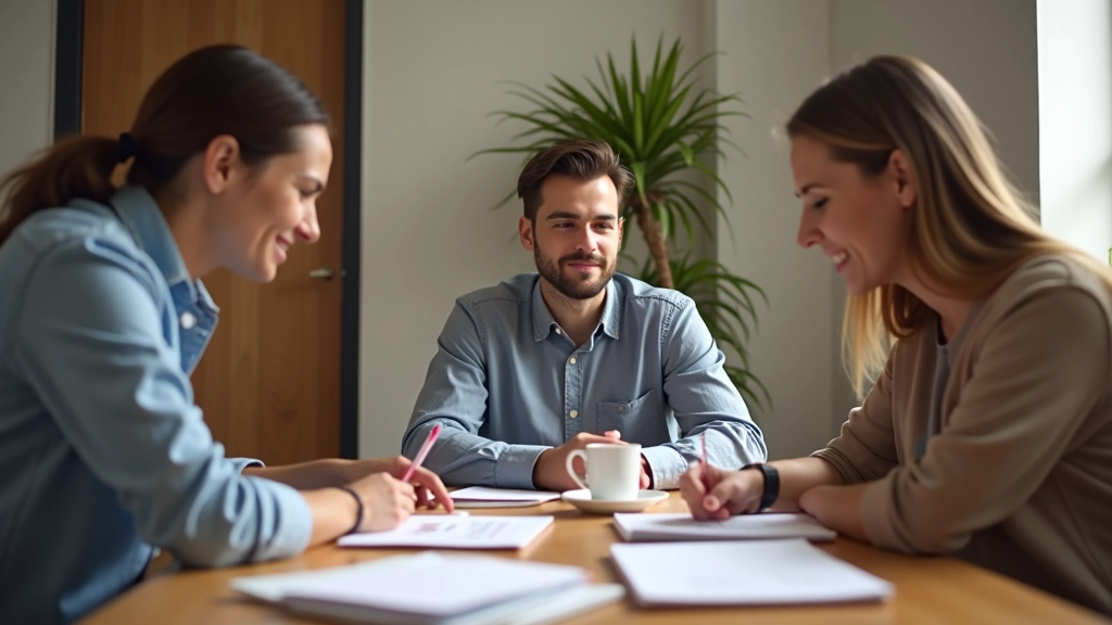 Trois entrepreneurs en discussion autour d'une table, environnement collaboratif
