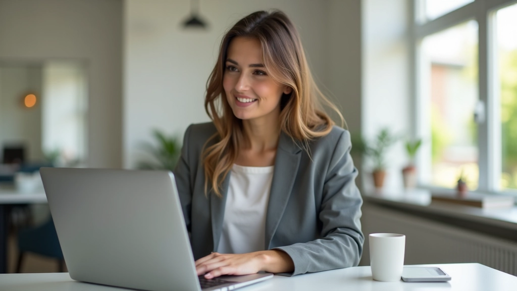 Femme travaillant sur ordinateur portable dans un espace de travail moderne, environnement créatif, lumière naturelle