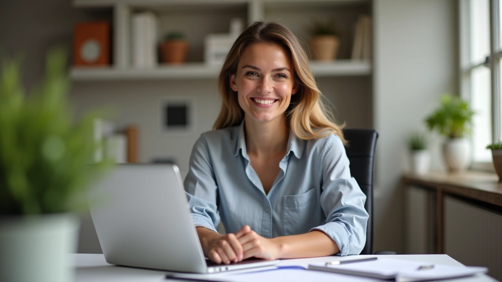 Femme souriante devant son ordinateur, ayant atteint ses objectifs, bureau organisé avec dossiers et notes, lumière naturelle, expression satisfaite et confiante