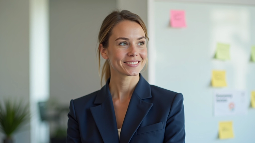 Femme âgée de 32 ans, complètement vêtue dans un blazer professionnel bleu foncé, souriante confiante en train de pointer vers un tableau blanc avec des notes adhésives, espace collaboratif lumineux