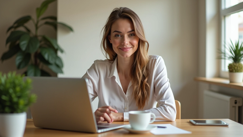 Femme rédactrice travaillant sur un article de blog, ordinateur portable sur un bureau en bois, lumière naturelle du matin, tasse de café à proximité